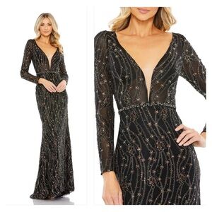 Mac Duggal 11159 NWT Embellished Long Sleeve Plunge Trumpet Gown